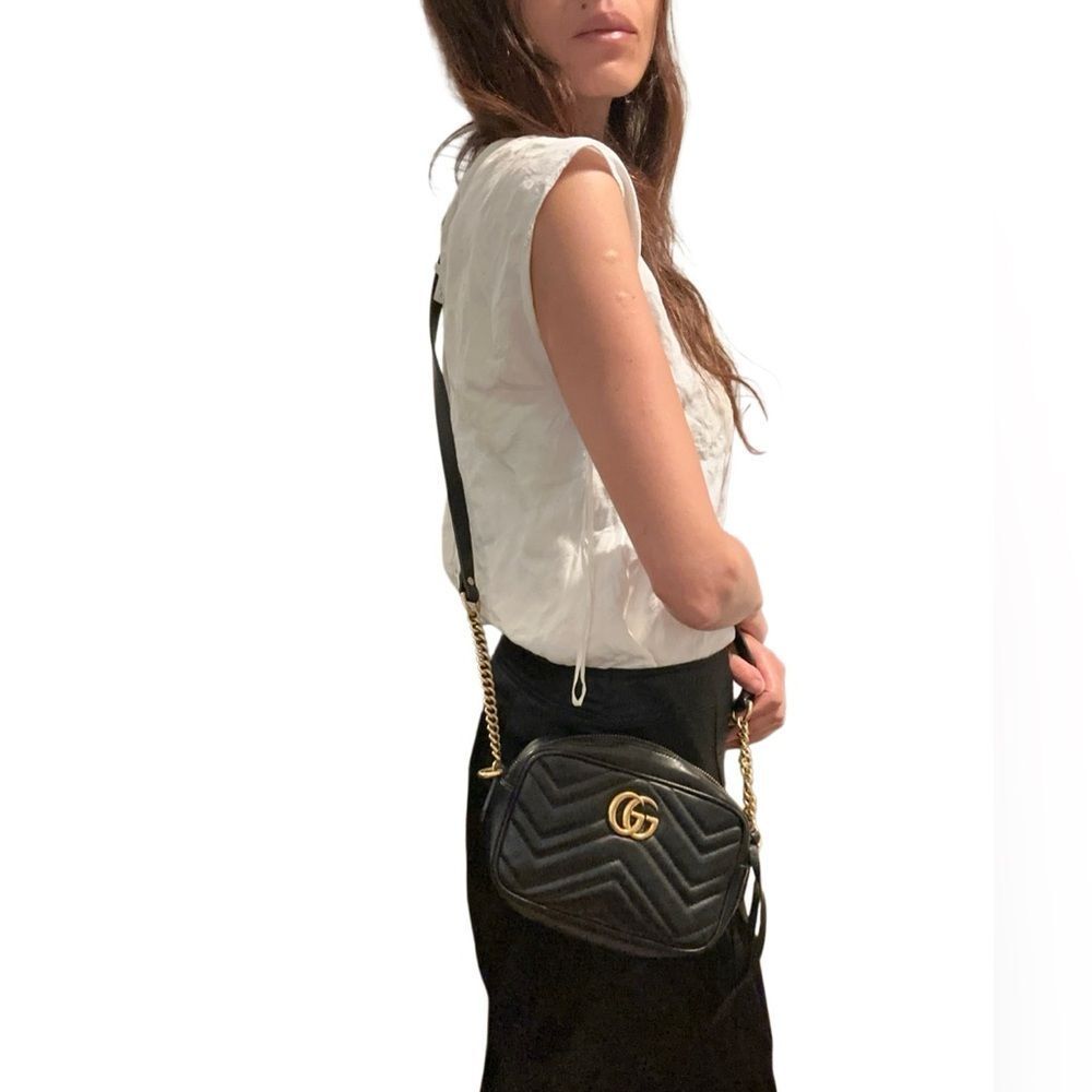 Gucci Black Chevron GG Marmont Small Leather Crossbody with Gold Double G